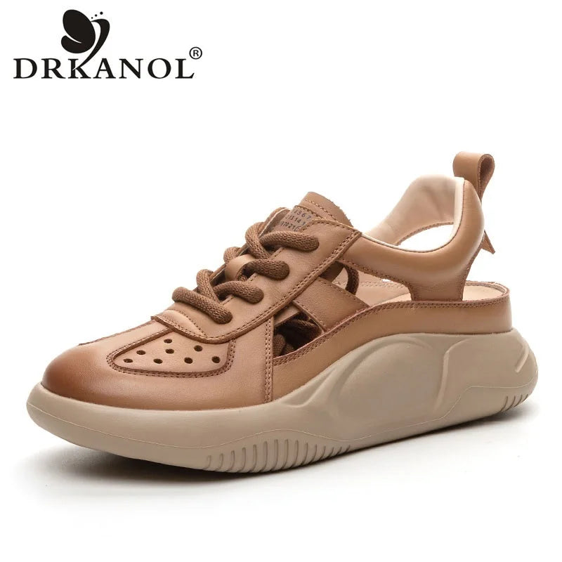 DRKANOL Platform Sandals Women Summer Round Toe Shoes Lace-Up Genuine Leather Thick Bottom Lightweight Casual Sneakers Sandals
