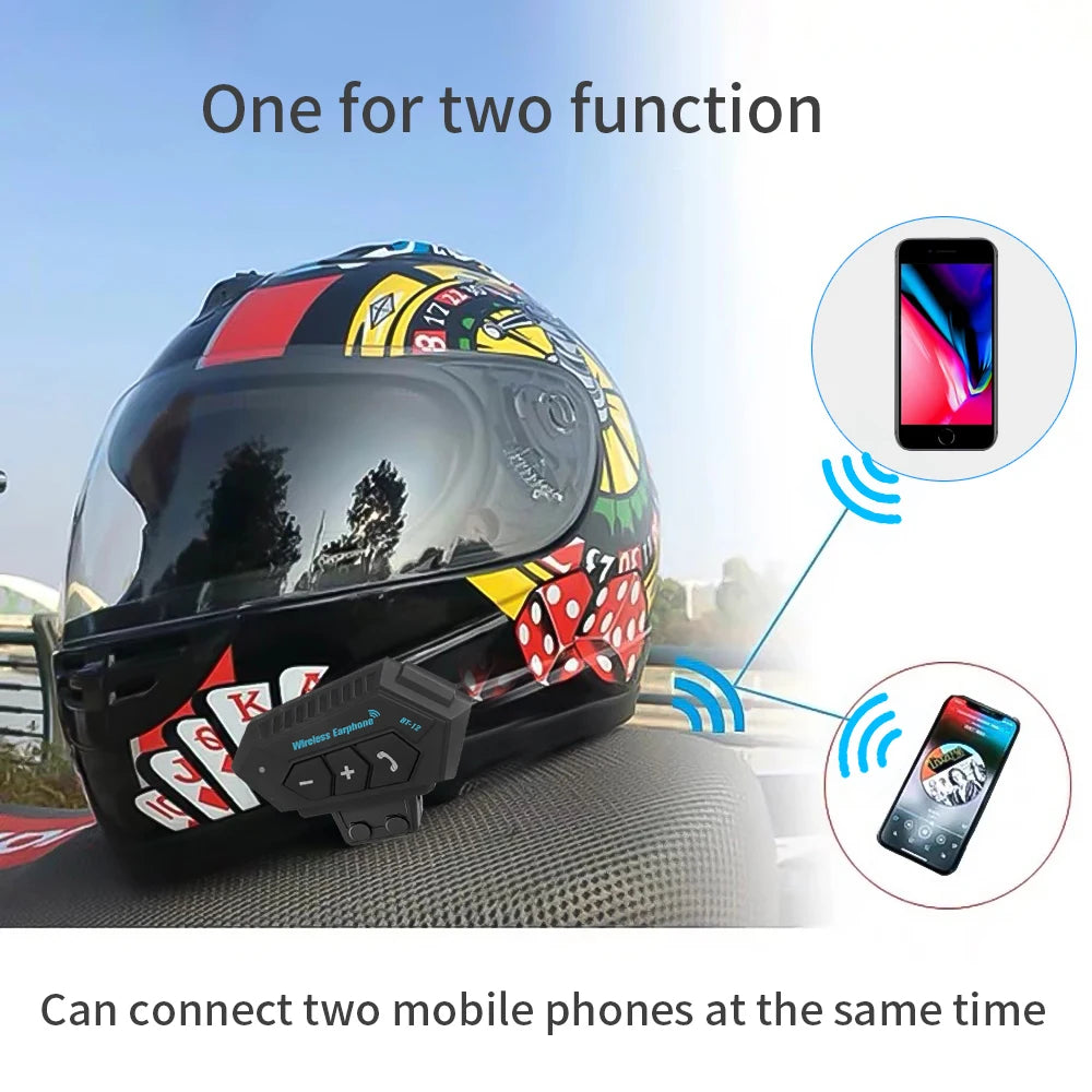 BT12 Motorcycle Helmet Headset Stereo Bluetooth Earphone Wireless Handsfree Mic Headphones Music Player For Motorbike Rider