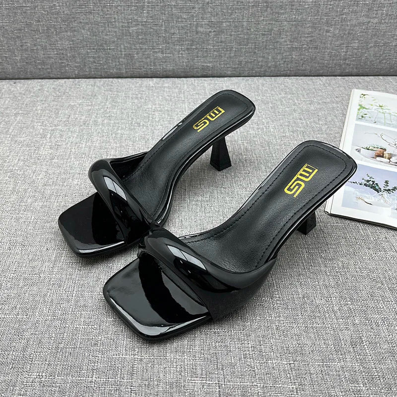 Modern Slippers 2024 Summer New Patent Leather Asymmetric High Heel Slippers Stiletto Stylish Outside Women's Sandals