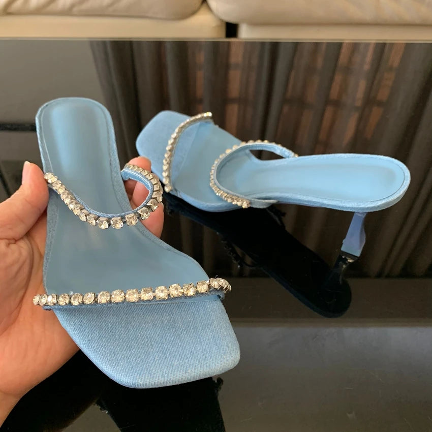 Denim Rhinestone Heels Sandals Women Mules 2024 Fashion High heels Women Shoes Sexy Open Toe Pumps Modern Office Casual Sandals