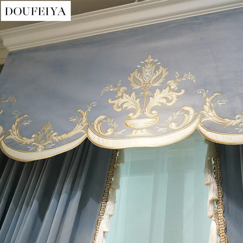 Modern European Luxury Curtains for Living Room Bedroom Blue Velvet Spliced Tassel Curtain Flat Valance Embroidered Tulle Custom