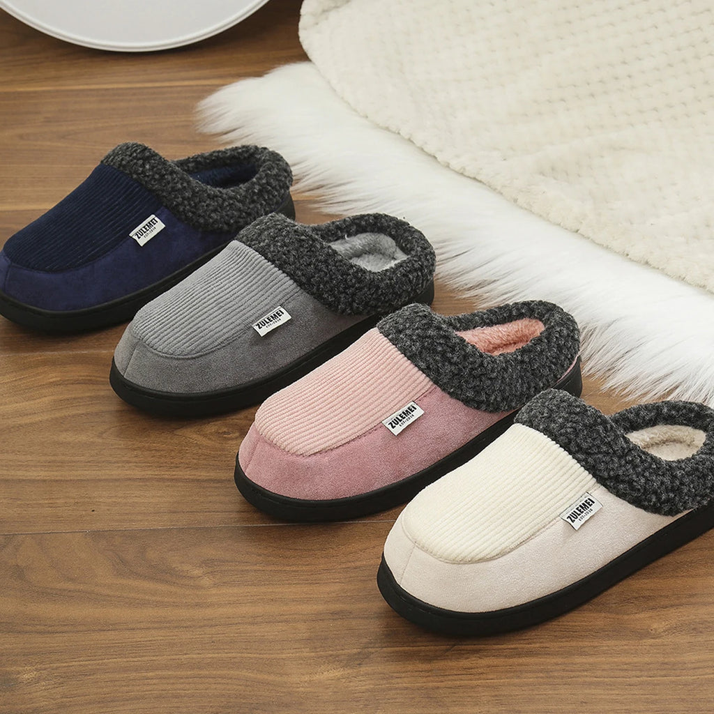 Litfun Winter Men Cotton Shoes Warm Fleece Lined Outdoor Fashion Fuzzy Slides Indoor Antiskid Short Plush Female House Slippers