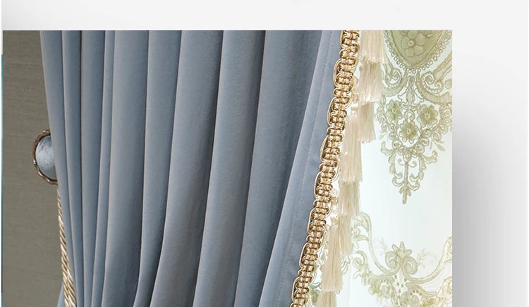 Modern European Luxury Curtains for Living Room Bedroom Blue Velvet Spliced Tassel Curtain Flat Valance Embroidered Tulle Custom