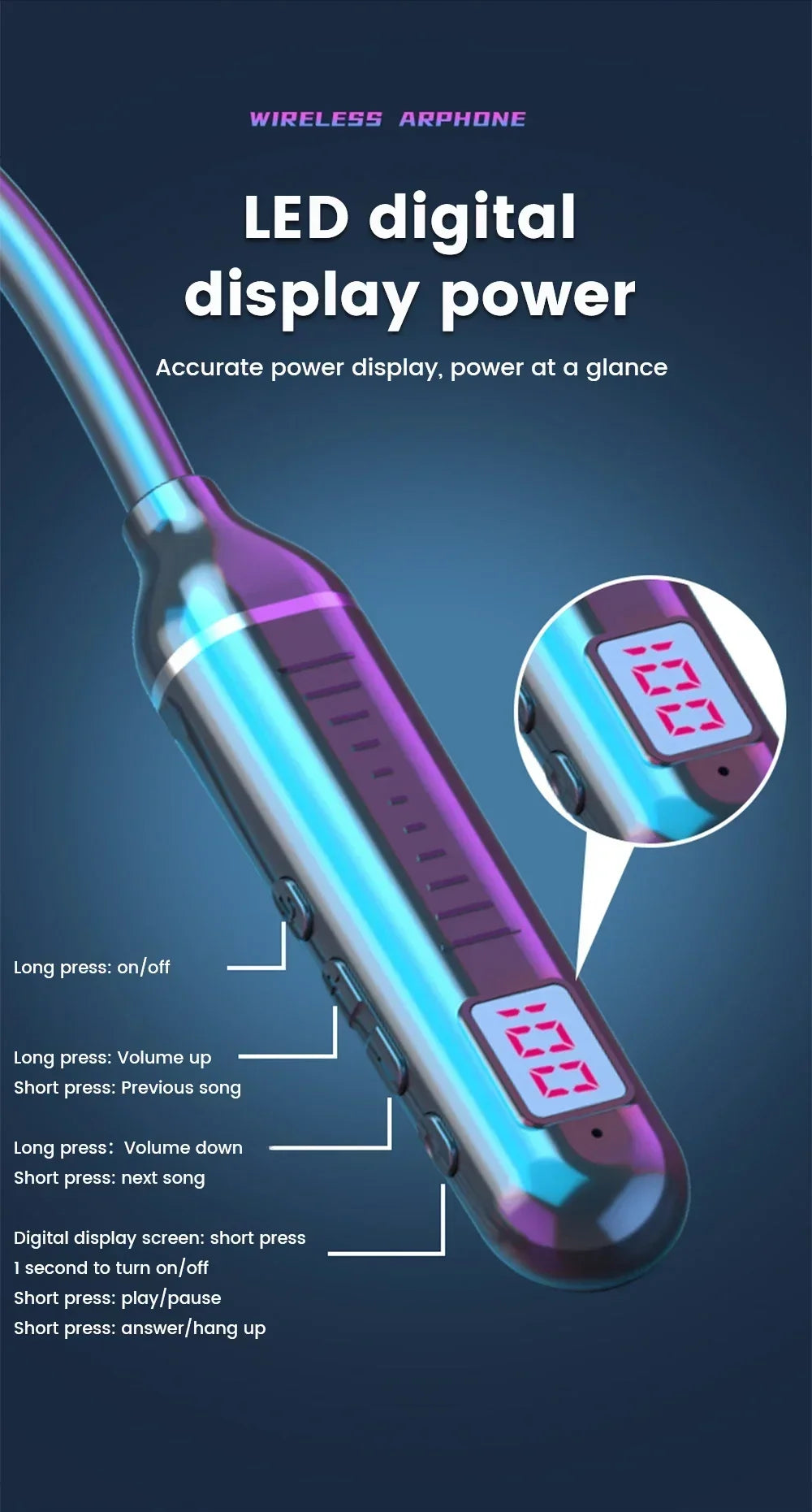 سماعات أذن بلوتوث 5.2، سماعات حول الرقبة، سماعات رأس لاسلكية TWS، ستيريو هاي فاي، شاشة رقمية LED، وضع مزدوج، سماعات أذن مقاومة للماء