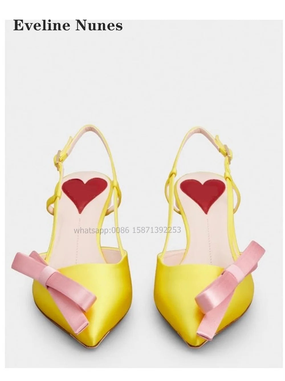 Bow Heart-Shaped Satin Sandals Pointed Toe Thin Heels Back Strap Side Air Slingback Women Pumps Buckle Strap Mixed Colors Shoes