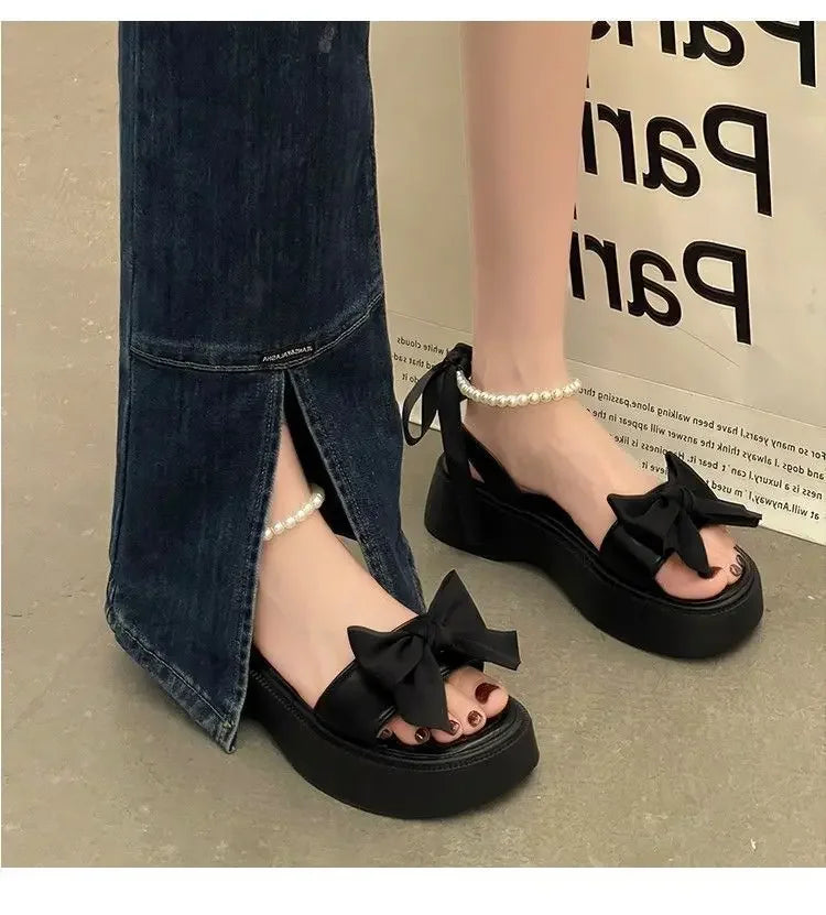 Comfort Shoes for Women Pearl Sandals Suit Female Beige Increasing Height Block Heels All-Match Black Bow 2024 Fashion Chunky Gi