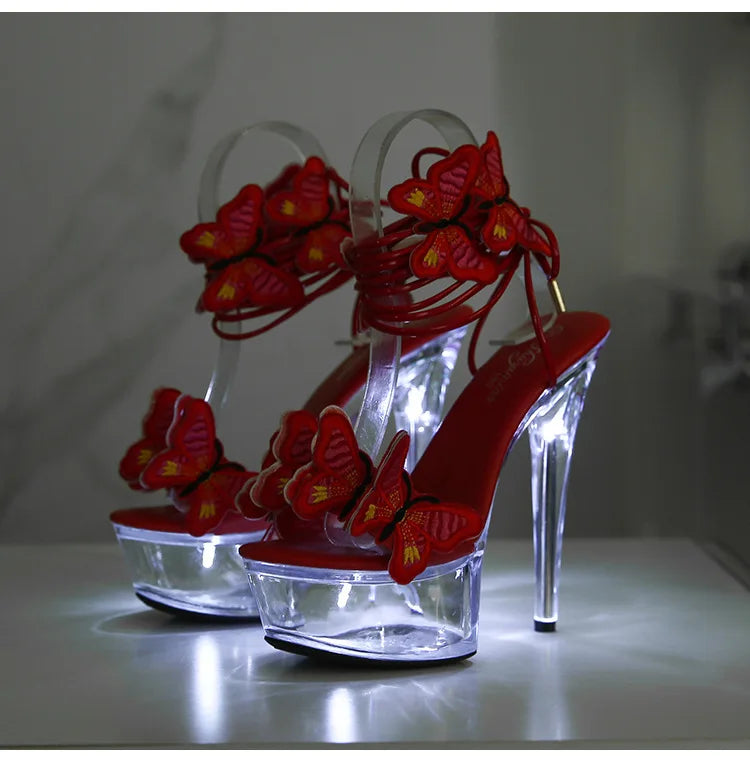 Transparent Platform LED Light Up Sandals Women Lace-up Pole Dance Shoes Summer Model Show Fashion Butterfly High Heels Size 43