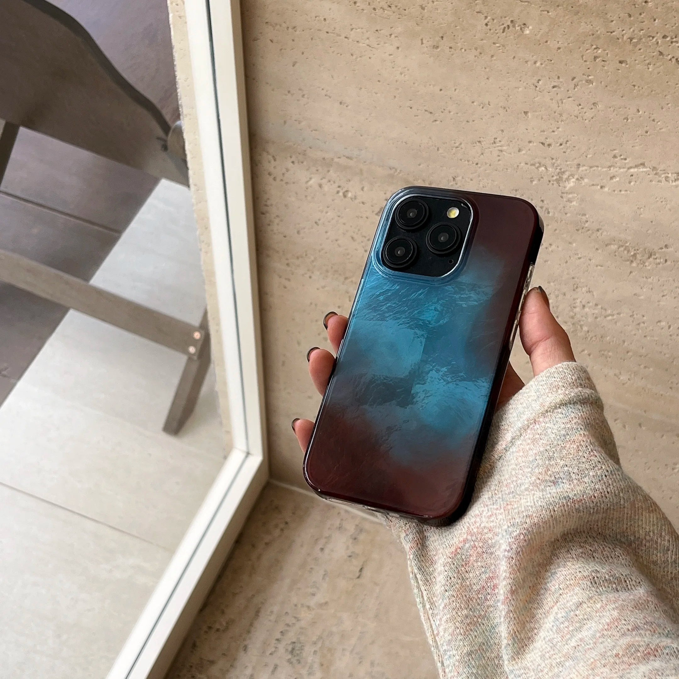 جراب هاتف كوري أنيق مزدوج الطبقات باللون الأزرق والبني المتدرج من INS لهاتف iPhone 16 15 14 13 Pro Max غطاء خلفي للهاتف