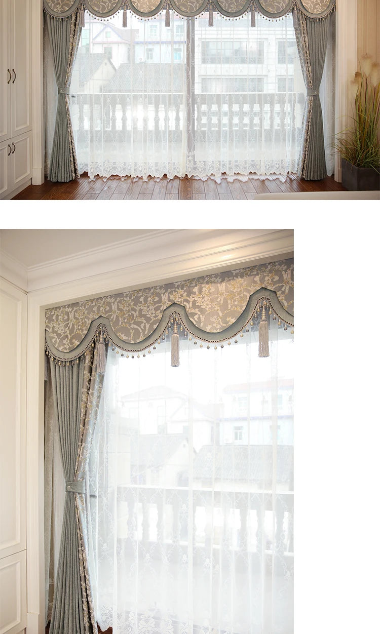 Custom Curtains for Living Room Simplicity Lace Splicing Green Chenille Blackout Embroidery Valance Tulle High Quality Fabric