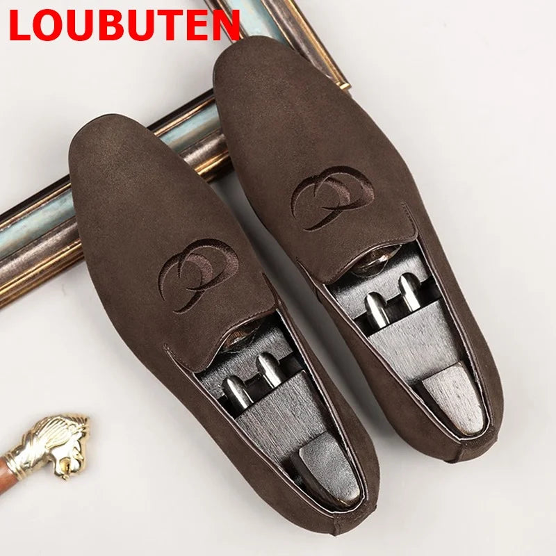 LOUBUTEN Men Suede Leather Shoes Fashion Embroidery Loafer Man Casual Shoes Handmade Dress Shoes Slippers Party Shoes