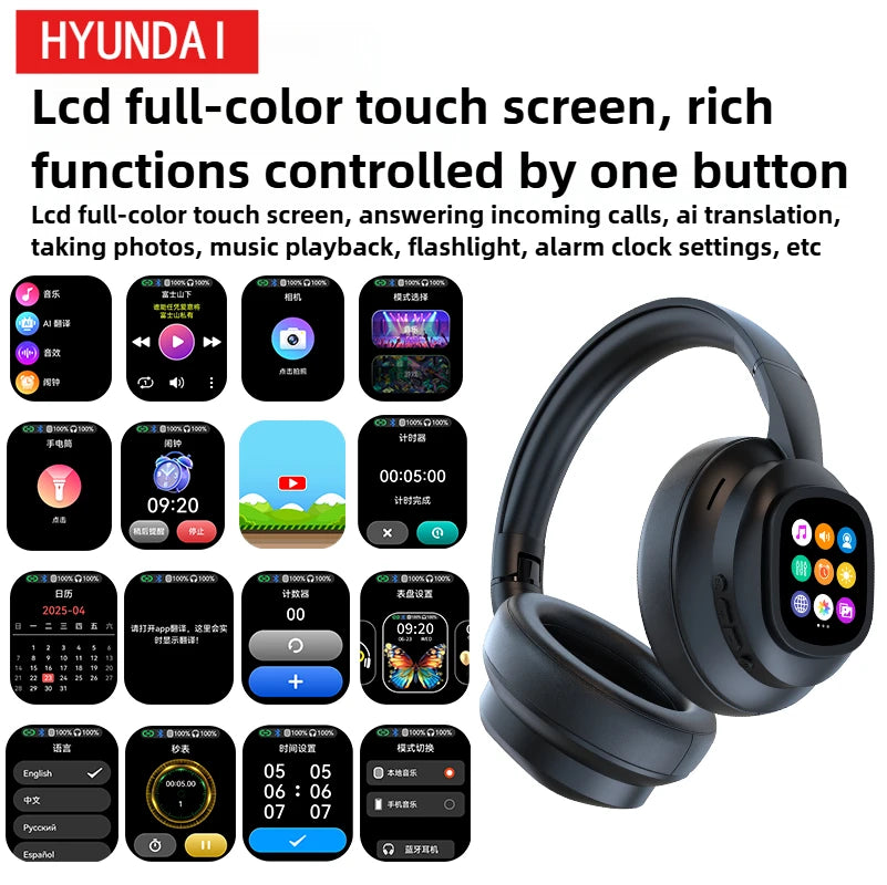 New HYUNDAI X1PRO Wireless Bluetooth 6.0 Headphone,AI Translation Earphones,100+Languages,With Magnetic Touch Control LED Screen
