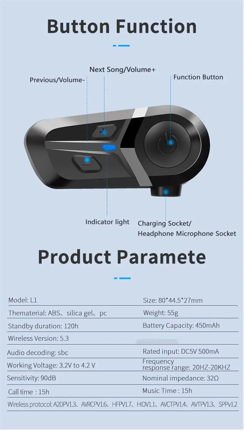 Bluetooth 5.3 Wireless Motorcycle Helmet Headset Hands-free Call Phone Motorcycle Waterproof Earphone Music Player Moto Helmet