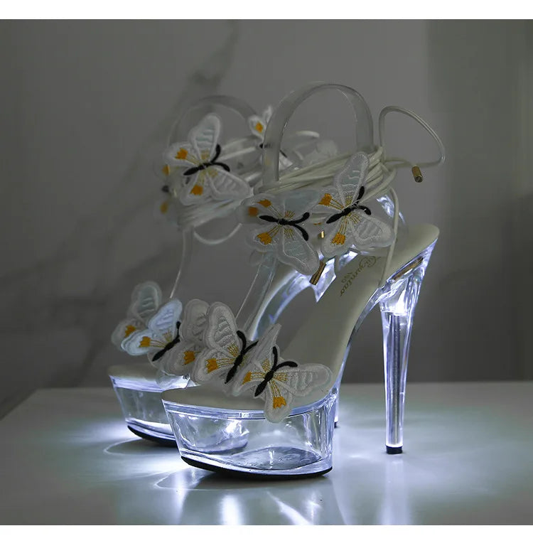 Transparent Platform LED Light Up Sandals Women Lace-up Pole Dance Shoes Summer Model Show Fashion Butterfly High Heels Size 43