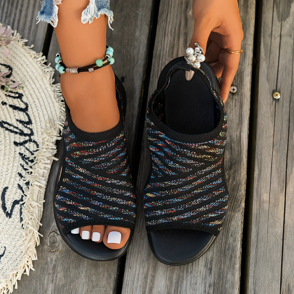 Summer 2024 Flat Bottom Roman Sandals Casual Knitting Comfortable Ladies Shoes Women's Slip-on Walking Shoes