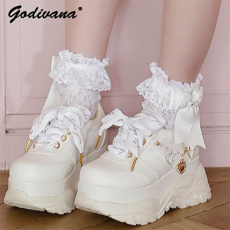 Liz Japanese Heart Shape Rhinestone Pearl Mine Series Thick Bottom Platform Lolita Casual Muffin Shoes Sweet Sports Shoes