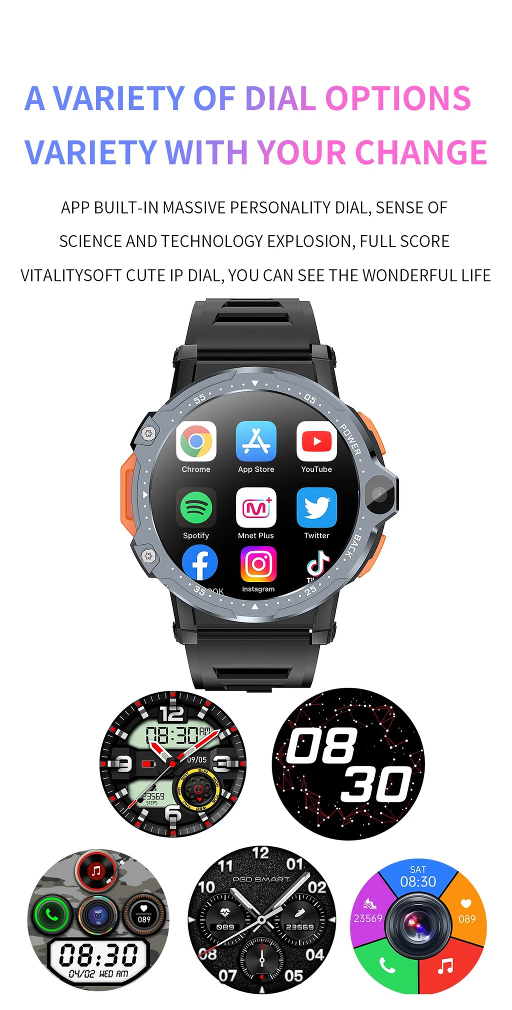 Android with Wifi GPS Support Sim Card Camera Mobile Phone Smart Watches IP67 Alloy Silica Gel Male Round 2023 Newest Pg999 4g