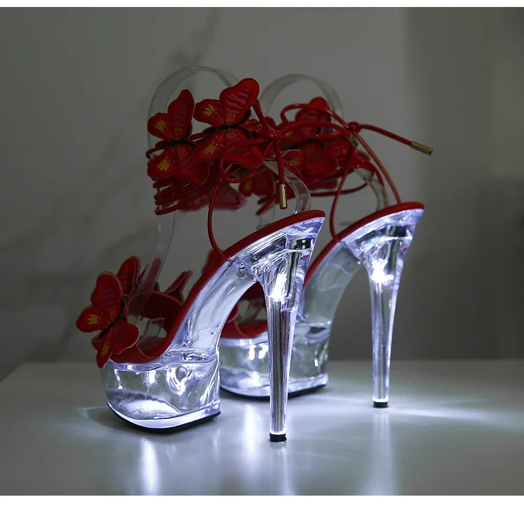 Transparent Platform LED Light Up Sandals Women Lace-up Pole Dance Shoes Summer Model Show Fashion Butterfly High Heels Size 43