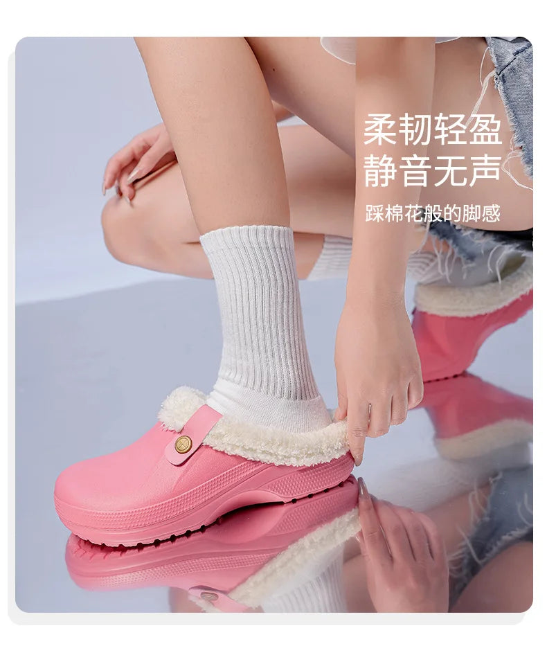 Waterproof Mule Clogs Men Slippers Winter Warm Unisex Fur Slippers House Room Slippers Trend Indoor Floor Shoes Slides For Women