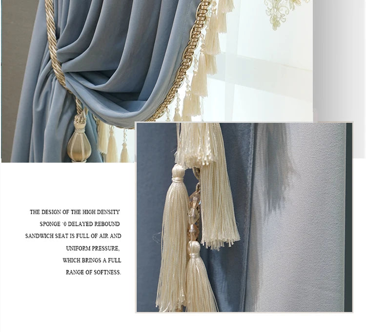 Modern European Luxury Curtains for Living Room Bedroom Blue Velvet Spliced Tassel Curtain Flat Valance Embroidered Tulle Custom