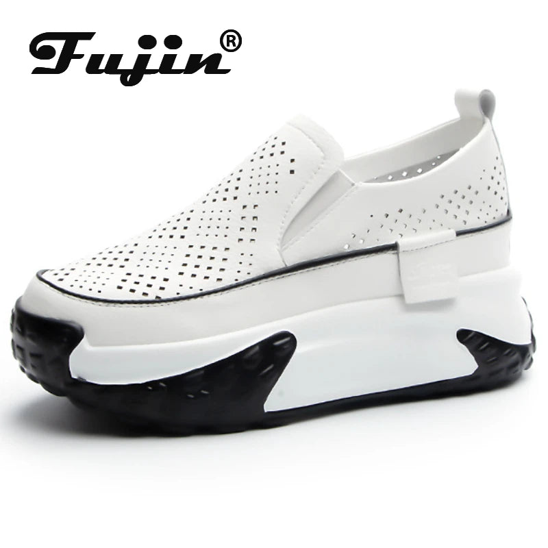 Fujin 7cm Genuine Leather Women Vulcanized Platform Wedge Chunky Sneaker Casual Stable Fashion Skate Boarding High Brand Shoes