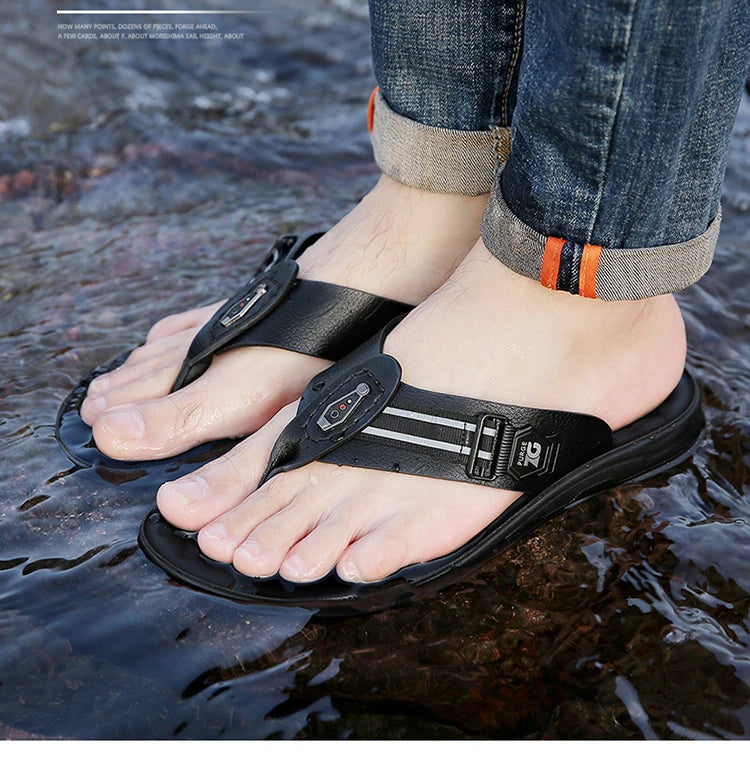 Big Size Leather Slippers for Men 2025 Summer New Designer Flip Flops Male Fashion Casual Outwear Beach Slipper Shoes Man