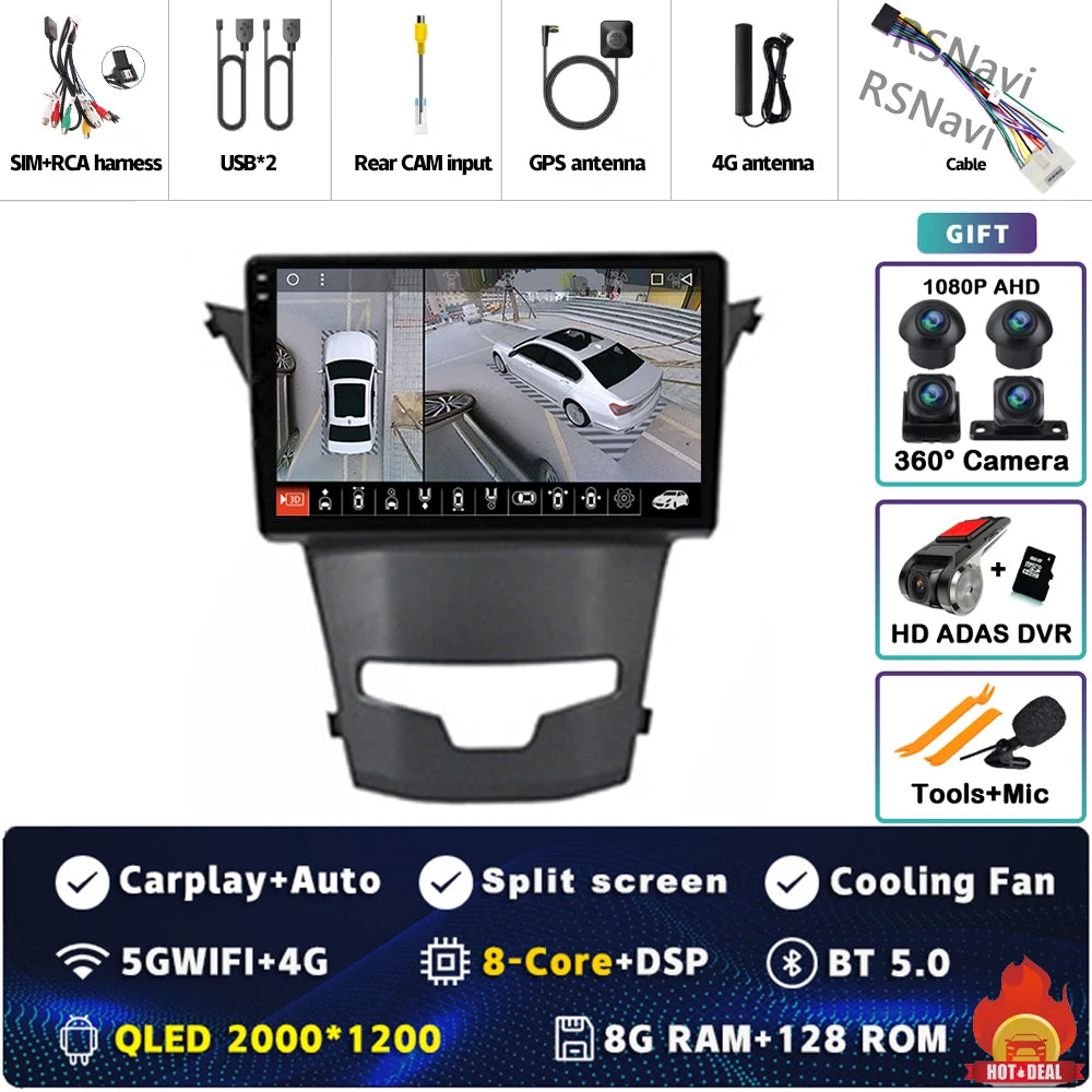 Android 15 For SsangYong Korando 3 Actyon 2 2013-2017 2K QLED Android Car Radio Multimedia Video Player GPS Stereo CarPlay 4G BT