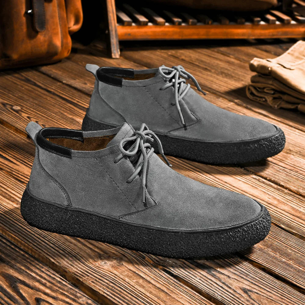 Matte Cow Suede Mid Top Board Shoes Retro Men's Casual Leather Shoes Thick Soled Casual Shoes