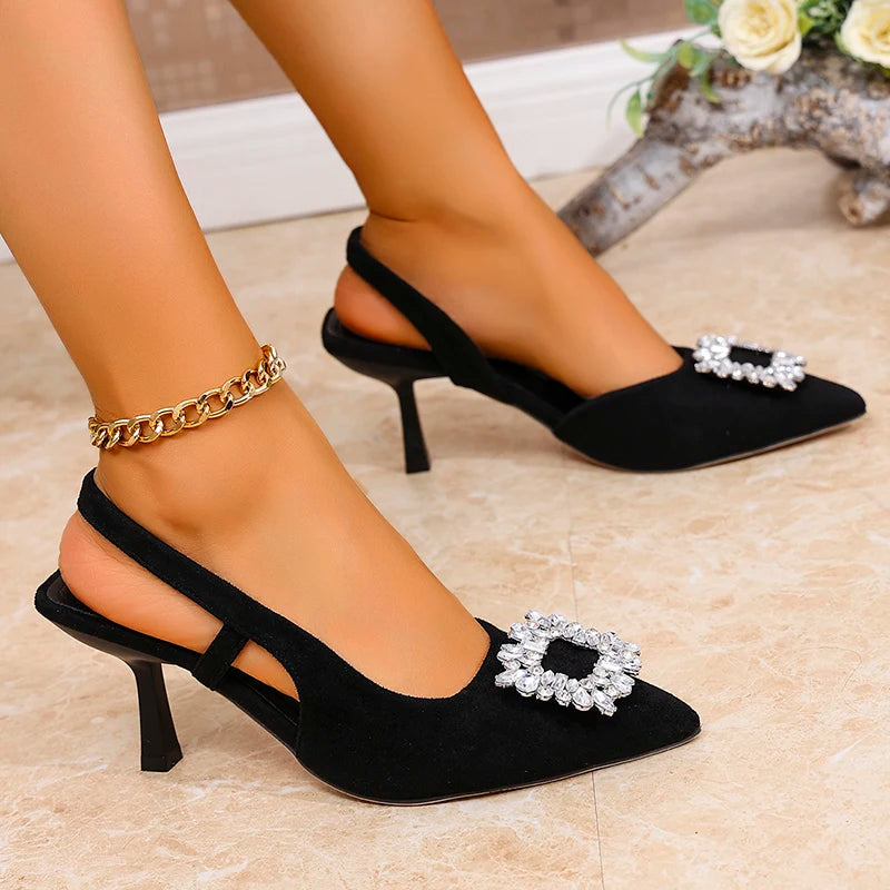 Crystal Square Buckle High Heels Sandals Women Spring Summer Slip On Pointed Toe Pumps Woman Thin Heel Party Wedding Shoes Mujer