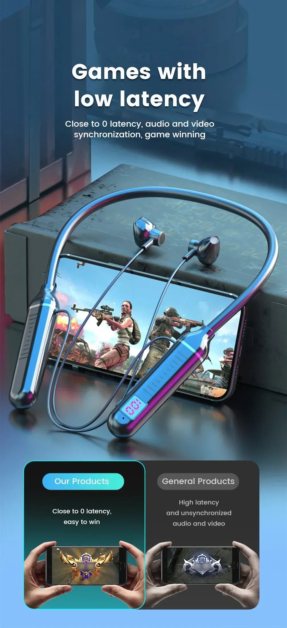 سماعات أذن بلوتوث 5.2، سماعات حول الرقبة، سماعات رأس لاسلكية TWS، ستيريو هاي فاي، شاشة رقمية LED، وضع مزدوج، سماعات أذن مقاومة للماء