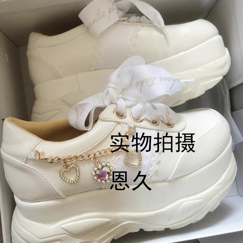 Liz Japanese Heart Shape Rhinestone Pearl Mine Series Thick Bottom Platform Lolita Casual Muffin Shoes Sweet Sports Shoes