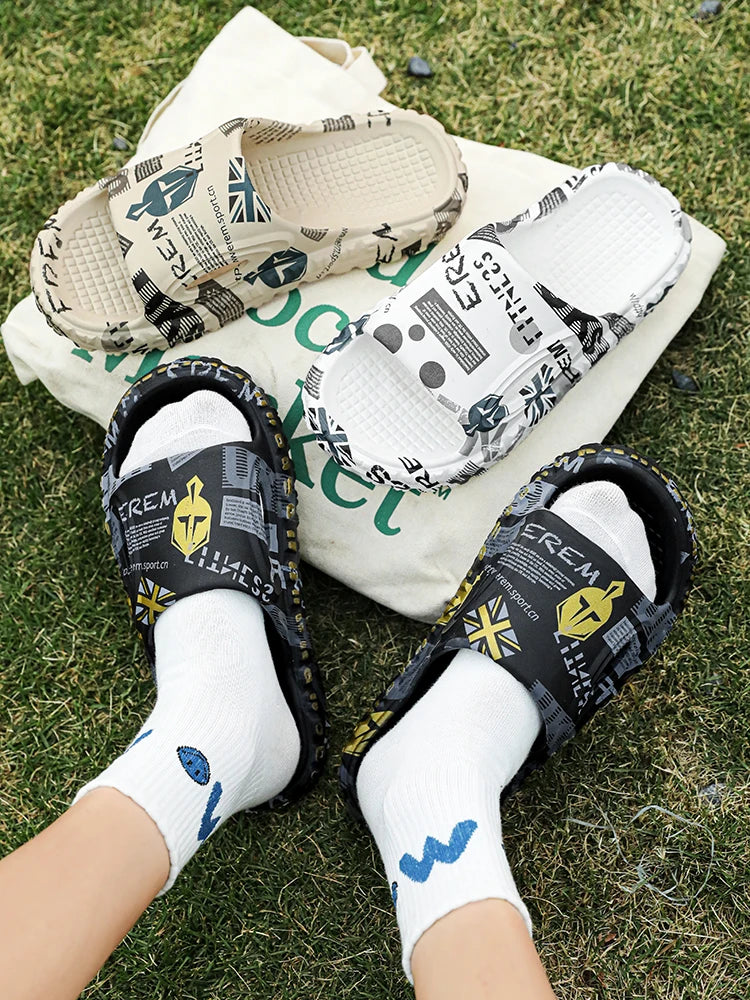 New Stylish Men Slides Shoes Indoor Comfortable Summer Male Casual Slippers Print Soft Non-slip Massage EVA Slippers Outdoor 886