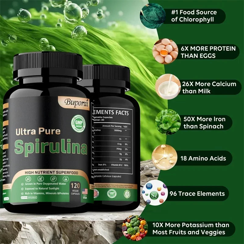 Organic Spirulina Supplement - Detoxification, Nutrition, Immune System Health, Cardiovascular Health, Antioxidant