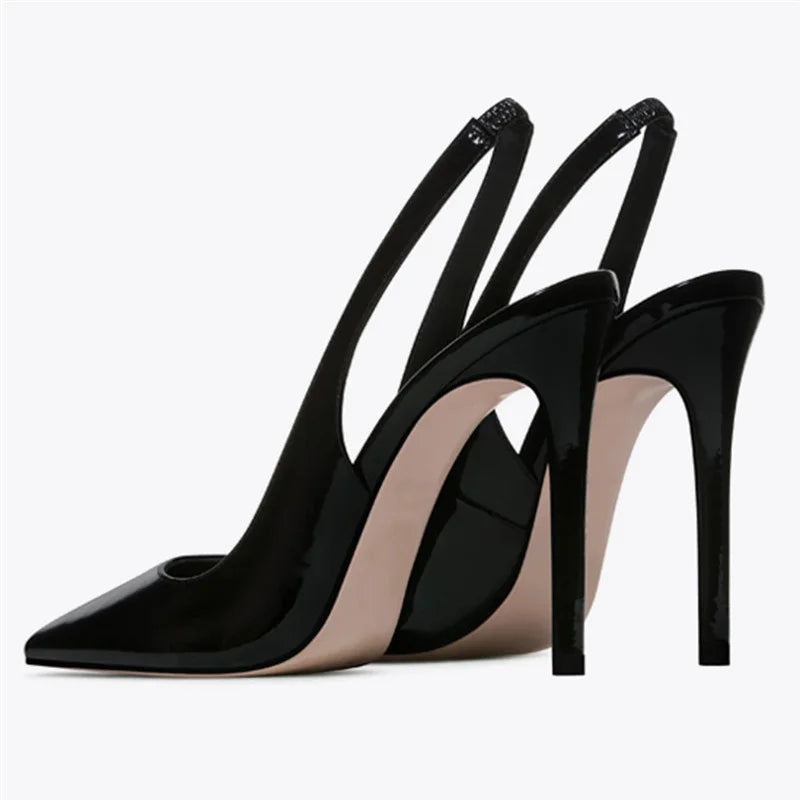 Sexy Black Patent Leather Pointy Toe Slingback Pumps 12cm Stiletto High Heels Elastic Band Woman Party Shoes Cutouts Heels QP246