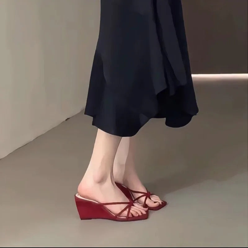 2024 Summer women's shoes temperament Slimming Lolita ins style retro bow floral wedge heeled luxury sandals  zapatillas mujer