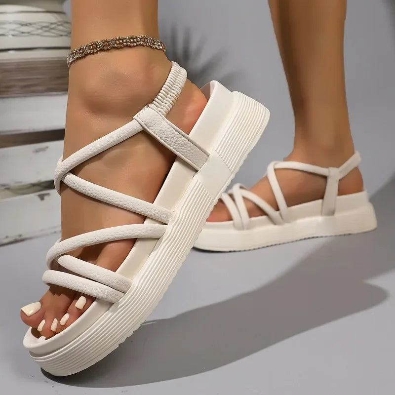 Ladies Shoes on Sale 2025 Narrow Band Women's Sandals Platform Casual Sandal Women Elastic Band Round Toe Flat with Shoes Female