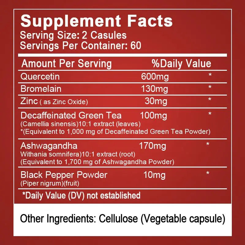 Quercetin Capsules Supplement Quercetin with Bromelain Capsule- Non-GMO - Gluten Free - Supports Overall Health & Well Being