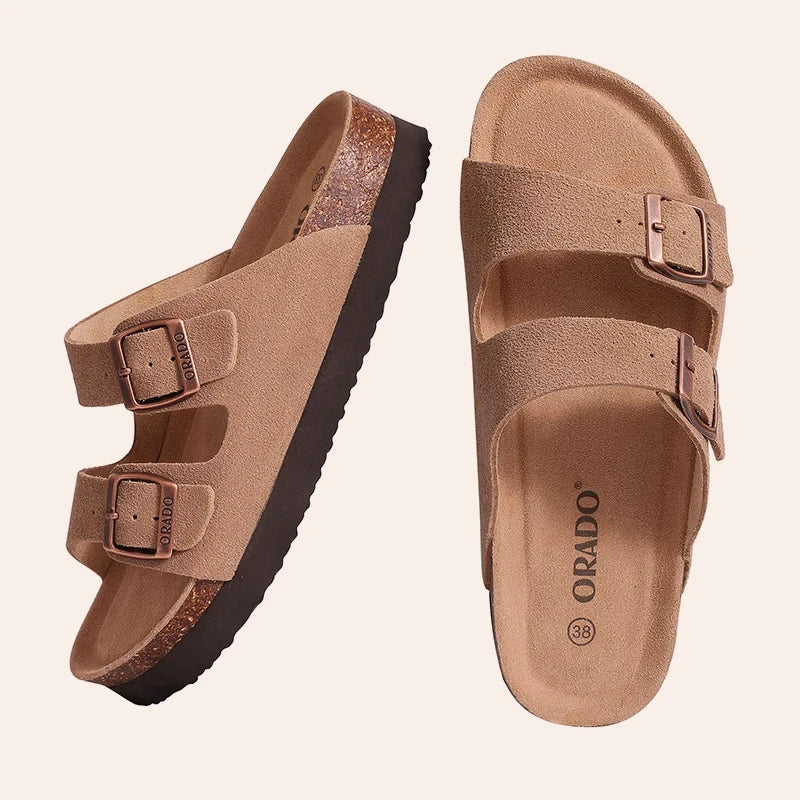 Comwarm Classic Cork Slippers For Women New Fashion Suede Flats Sandals Summer Couple Beach Slides Shoes With Adjustable Buckle