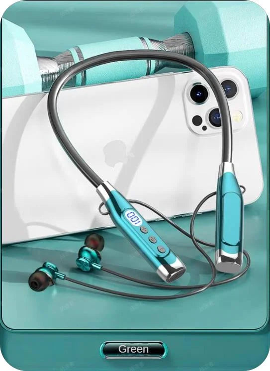 سماعة رأس بلوتوث لاسلكية مع شاشة رقمية LED وسماعة رأس معلقة على الرقبة يمكن إدخال بطاقة سماعات أذن بلوتوث رياضية للجري