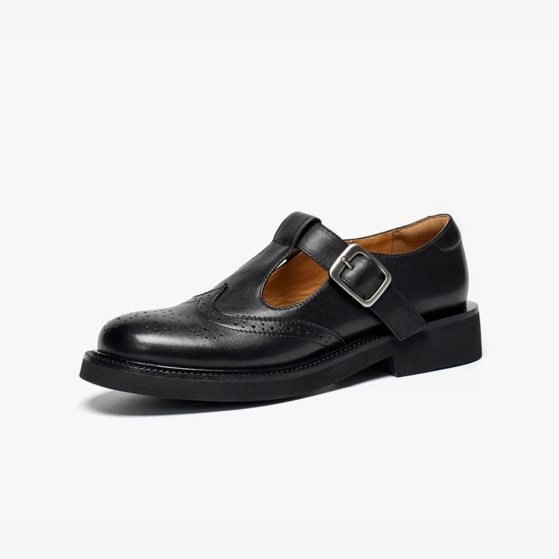 BEAUTODAY Retro Mary Janes Women Calfskin Leather T-Strap Buckle Strap Waxing Round Toe Solid Color Ladies Shoes Handmade 28349