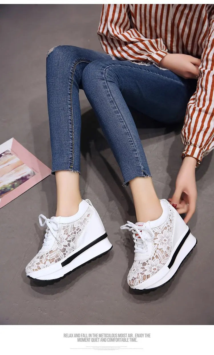 Womens Wedge Heel Block Heel Sandals Mesh Surface Women Shoes Breathable Casual Shoes Lace Up Tenis Thick Sole Sneakers