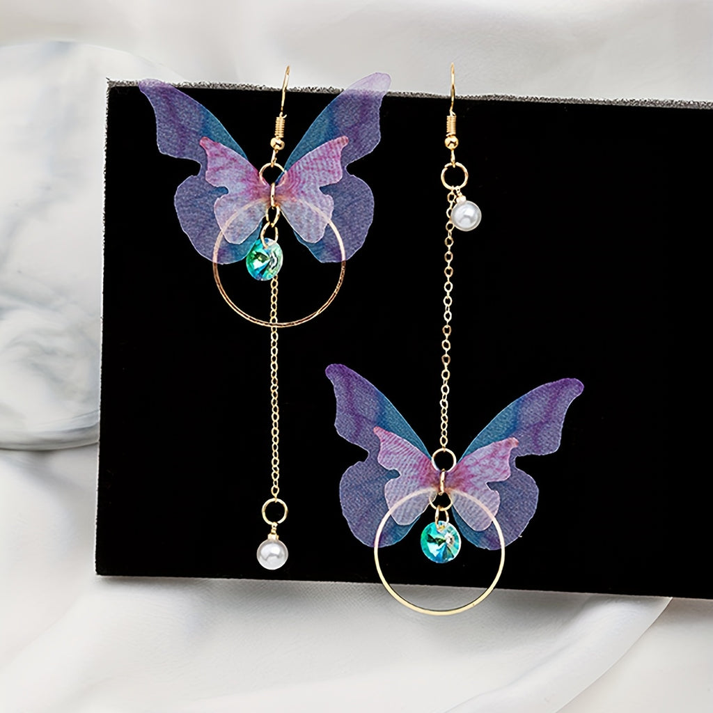 Stunning Butterfly Dangle Earrings - Drop & Dangle Jewelry with Sparkling Zirconia, Faux Pearl, Asymmetric Design, Silver Plated Alloy, Elegant and Eye-Catching Accessories for Women