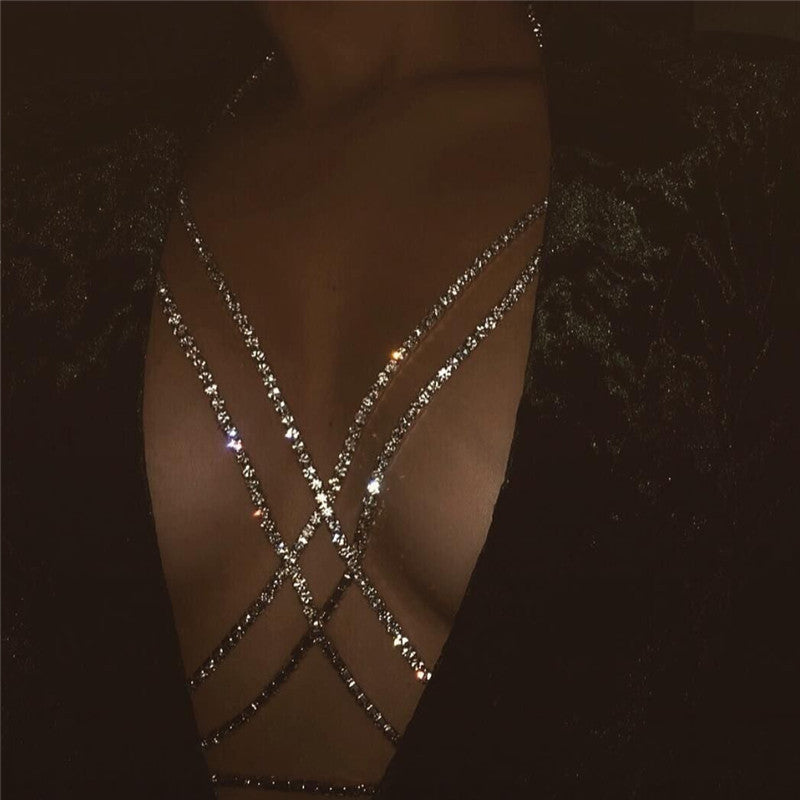 Luxury Cross Chest Chain Shiny Rhinestones Body Chain Jewelry