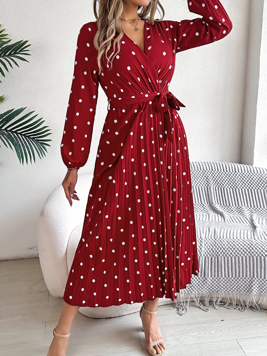 Women's Elegant Color-Blocked Polka Dot Cross V-Neck Pleated Maxi Dress