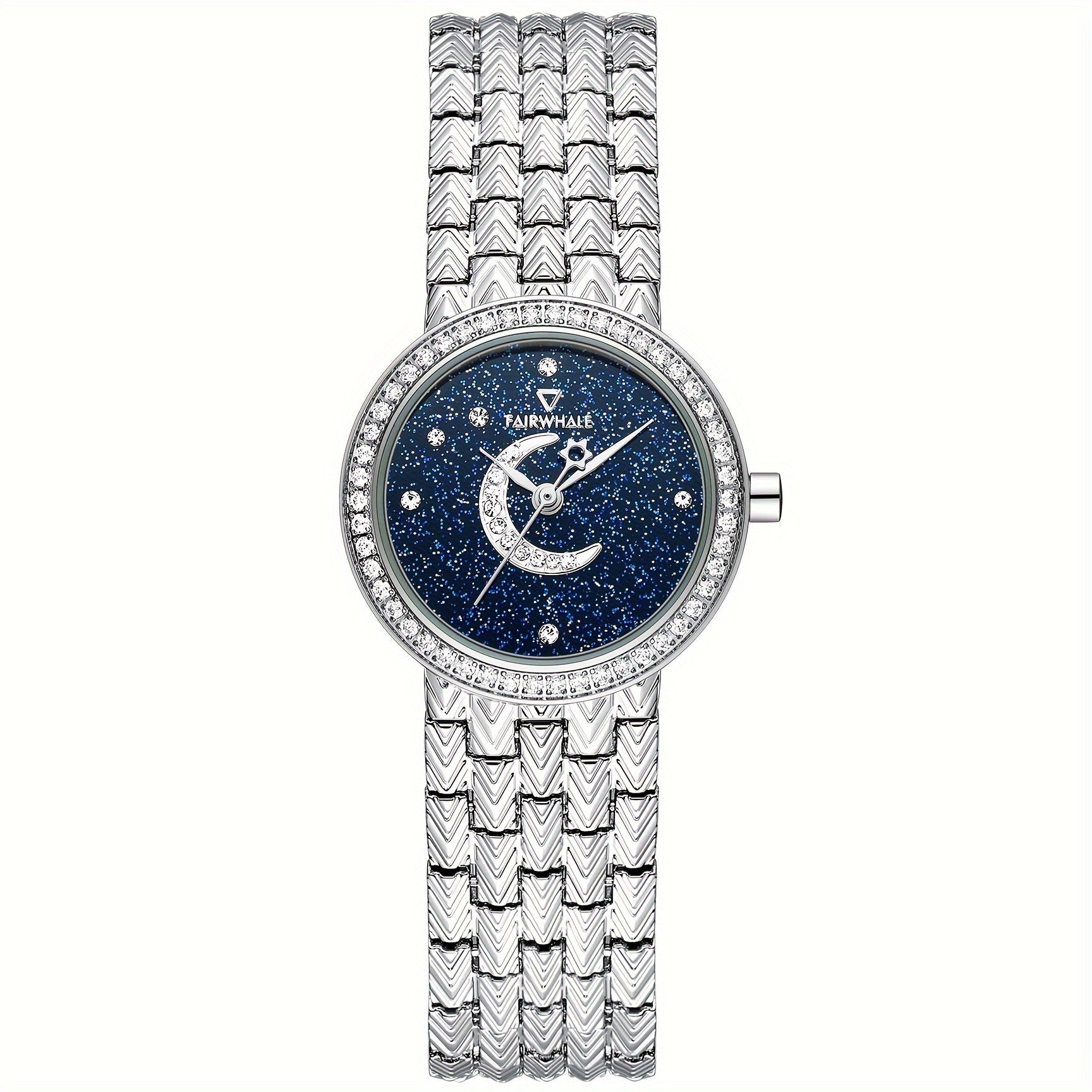 Round Quartz Watches Stainless Steel Strap Alloy Pointer Stainless Steel Rhinestone Dial Luminous Moon Phase Starry Sky Watches Gifts For Eid