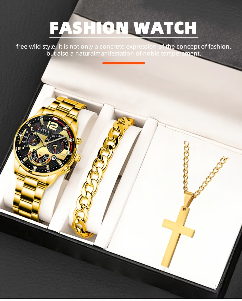 3pcs/set, Fashion Mens Business Stainless Steel Calendar Watches & Silvery Bracelet Cross Pendant Necklace