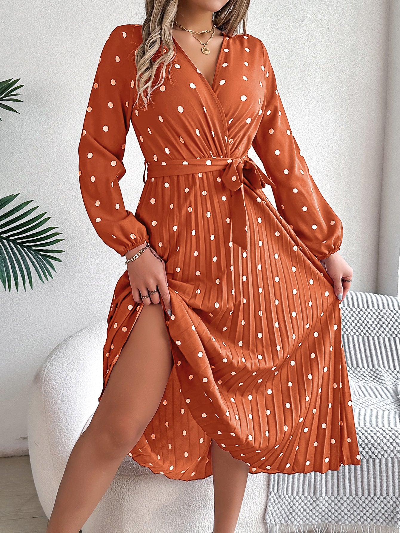 Women's Elegant Color-Blocked Polka Dot Cross V-Neck Pleated Maxi Dress