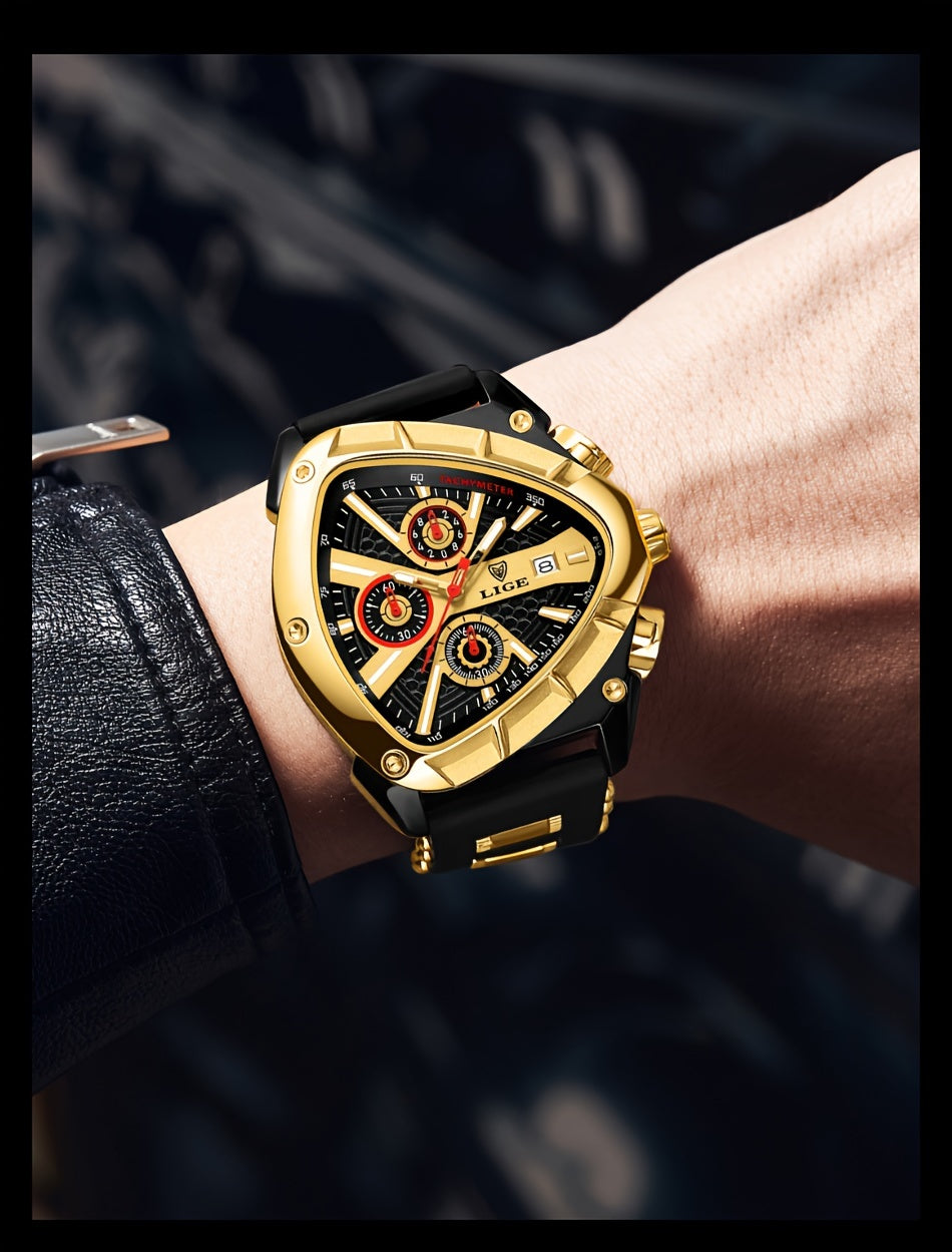 Sports Triangle Mens Watches, Luminous Pointers Fashion Rubber Strap Waterproof Irregular Quartz Wristwatch