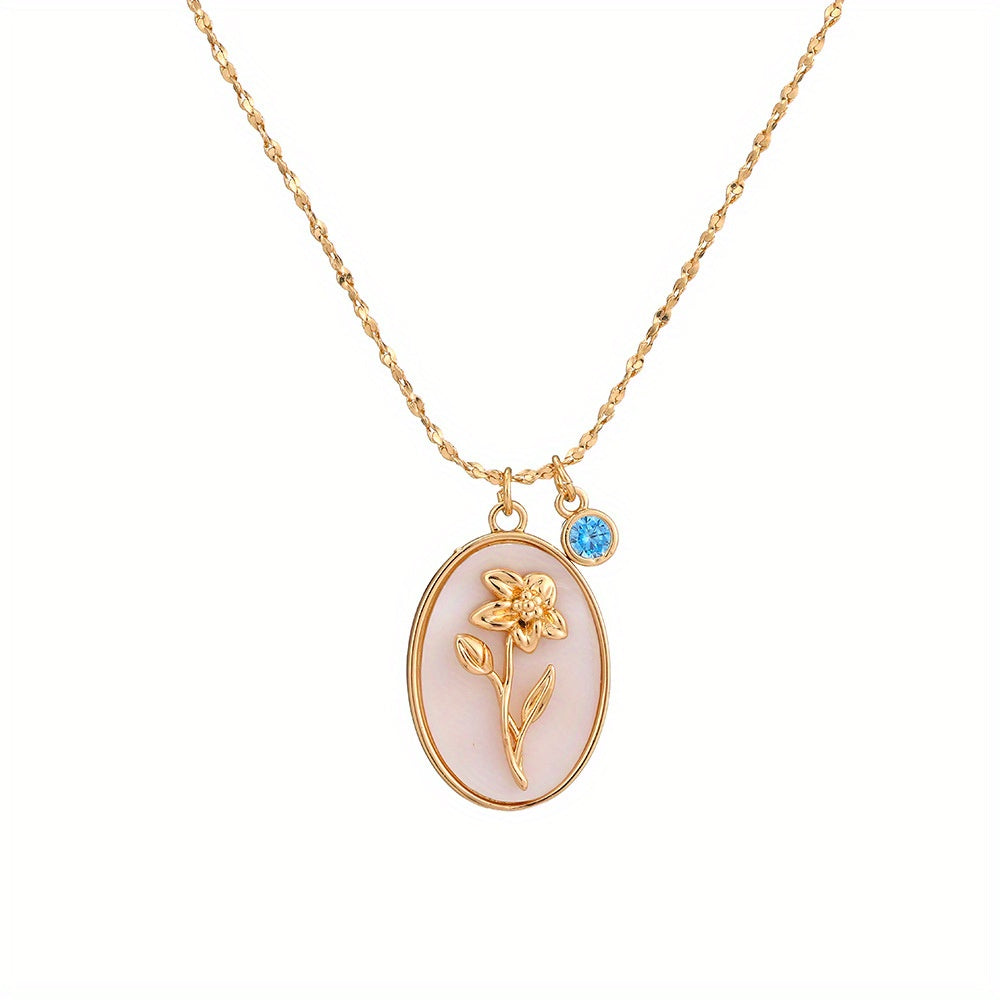1pc Vintage Elegant 3D Birth Flower Pendant Necklace, 14K Golden Plated Copper with Synthetic December Birthstone, Oval White Shell Charm for Daily & Gift Occasions, Valentine'S Day Jewelry