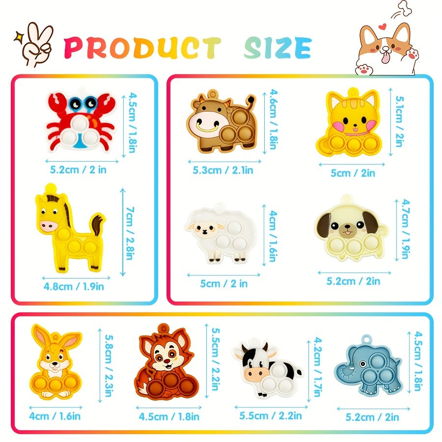 10-Pack Animal Pop Fidget Toy Keychains - Silicone Bubble Popping Toys for Kids Ages 3-6, Party Favors for Birthday, Christmas, Halloween Gifts