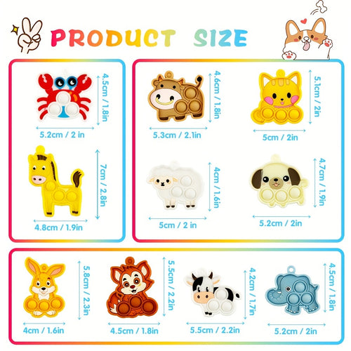 10-Pack Animal Pop Fidget Toy Keychains - Silicone Bubble Popping Toys for Kids Ages 3-6, Party Favors for Birthday, Christmas, Halloween Gifts